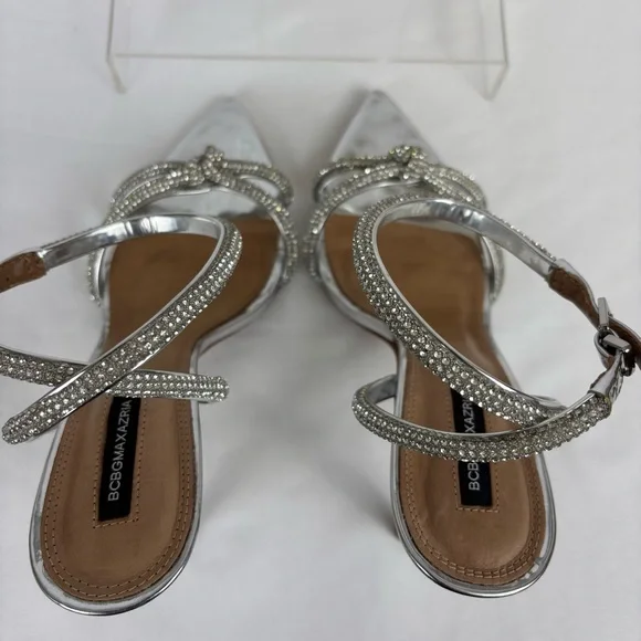 BCBGMaxazria Leather Heels Rhinestone Strappy Stiletto Elegant Pumps Silver Sz 9 - Picture 11 of 16